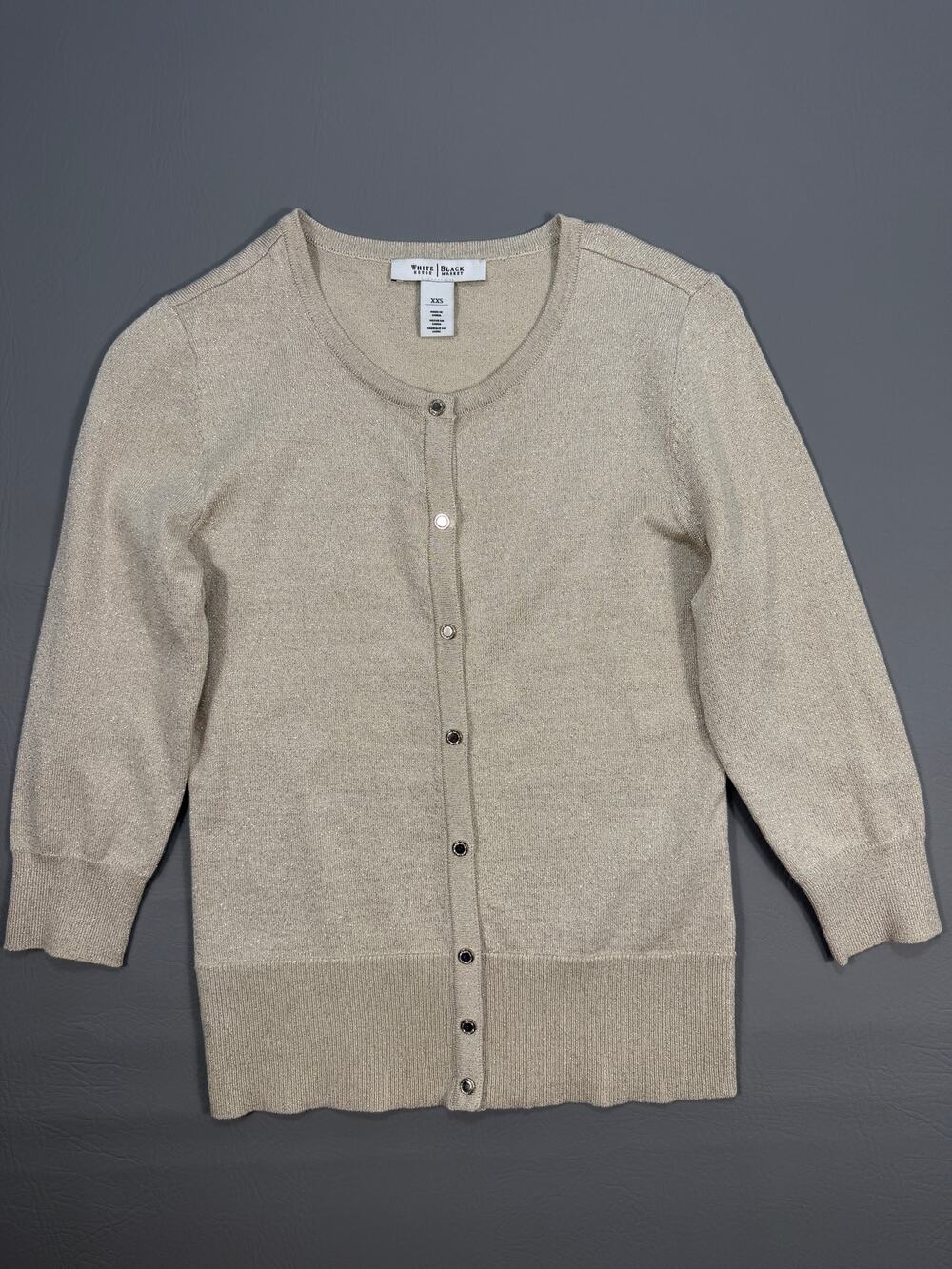 White House Black Market Womens XXS Gold Metallic Cardigan 3/4 Sleeve Sweater